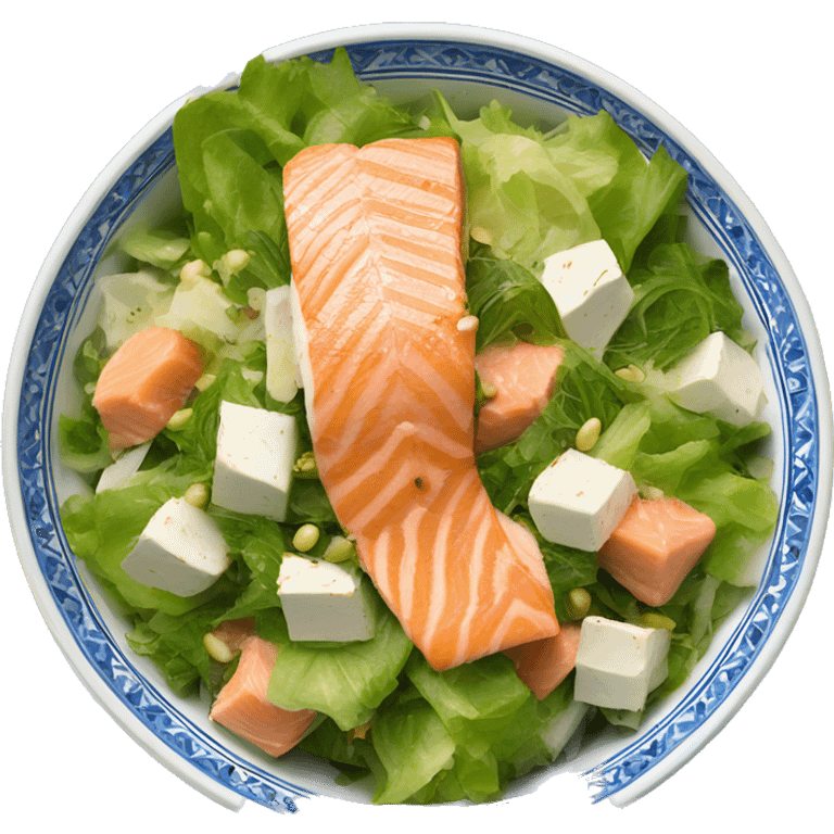 Cesar salad with salmon in a Moroccan style blue and white bowl emoji