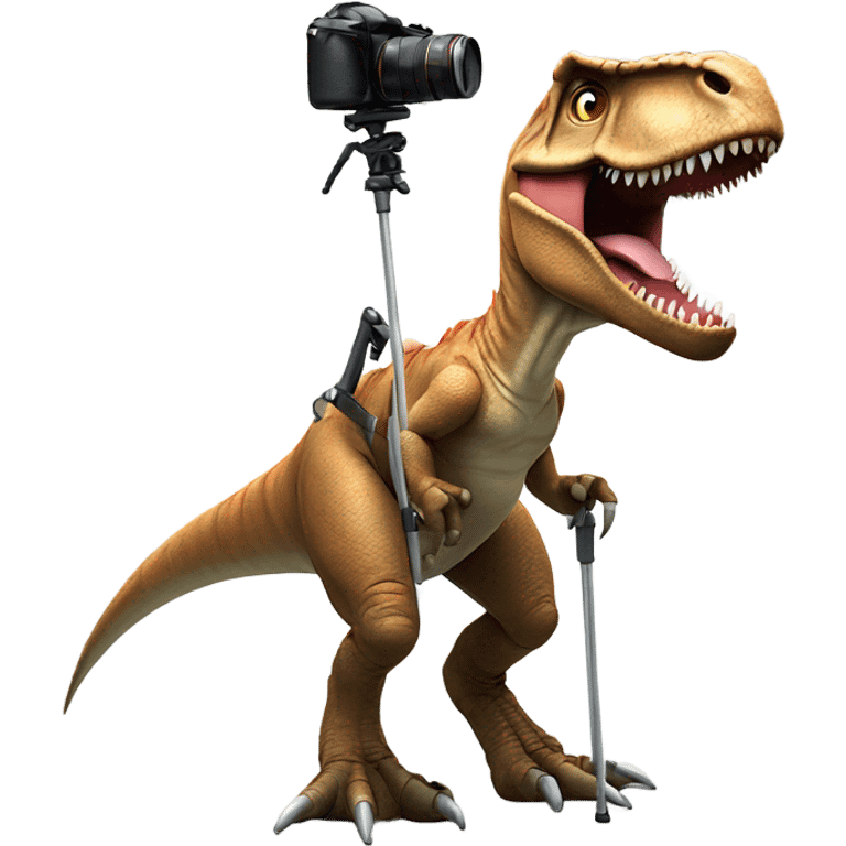 1 legged t-rex with crutch and camera emoji