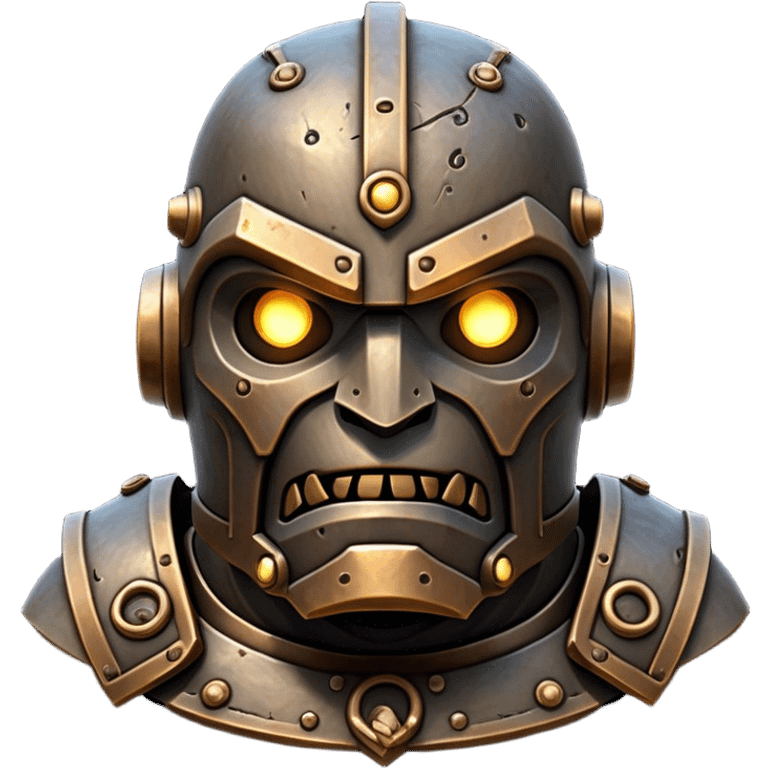 Cinematic Noble Mighty Iron Golem Portrait Emoji Poised and imposing, with a towering, metallic form forged from intricately detailed plates of burnished steel and ancient bronze, etched with faint traces of runes and weathered marks of time. Its piercing, glowing eyes radiate unwavering resolve, casting a solemn and commanding presence; rendered with lifelike texture and natural metallic highlights, high shine, elegant yet indomitable, styled with an aura of legendary endurance, focused and resolute, soft glowing outline, capturing the essence of an eternal guardian, standing vigilant and immovable as if ready to awaken at any moment with unstoppable might! emoji