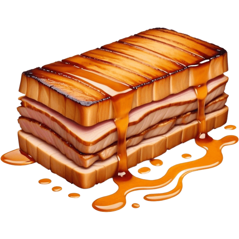 Cinematic tender pork belly, slow-roasted to perfection, crispy caramelized edges, glistening with juices, sliced into thick, rich layers, warm golden tones, luxurious and indulgent. emoji