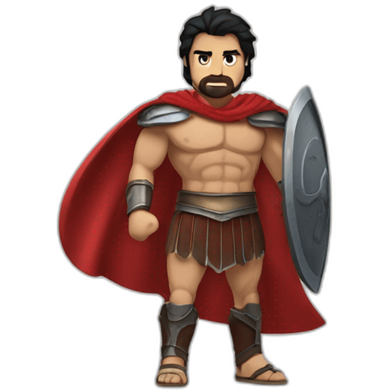 The Spartan Leonidas. Muscly physique. Wearing a red cape. Masculine. Black hair. Blue eyes. No beard. emoji