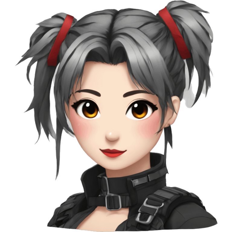 Gorgeous techwear anime style lady with blushing face aesthetic and pretty edgy black red punk messy ponytail with collar and harness trending style emoji