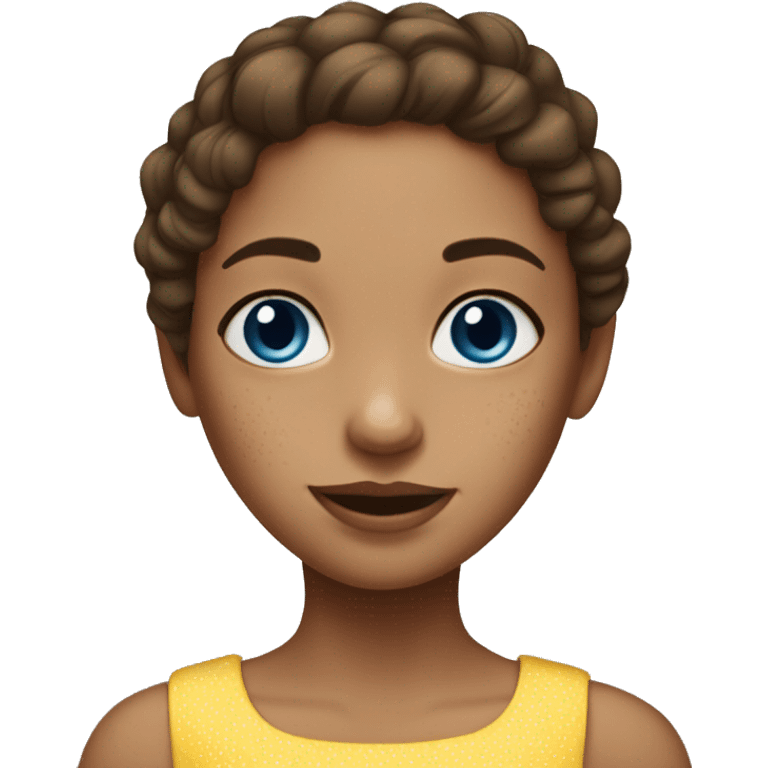 girl with brown hair, 1 white vitiligo strand of hair, blue eyes, freckles and yellow dress emoji