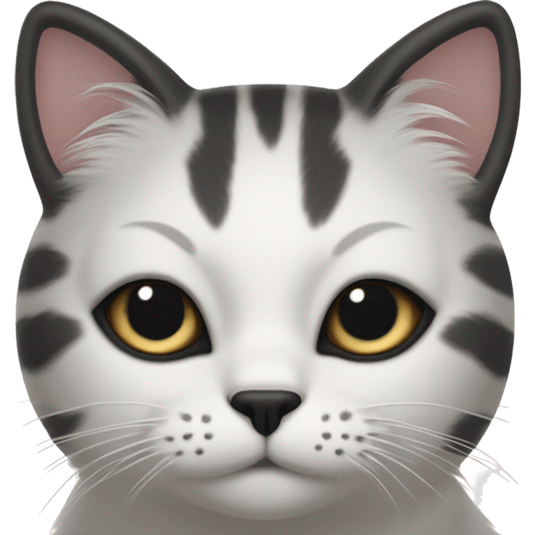 Cat with white face with a black mustache-shaped spot under the nose and a little on nose. Dark patches on the forehead and around the ears create a striking contrast with the white fur. emoji