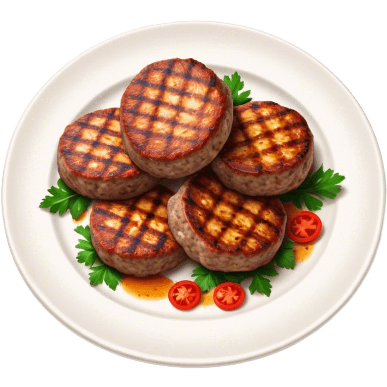 Cinematic Realistic image of Turkish Köfte, presented as perfectly formed, spiced meat patties with detailed textures and subtle grill marks, arranged artfully on a simple plate and illuminated by warm, appetizing lighting that accentuates their savory appeal. emoji