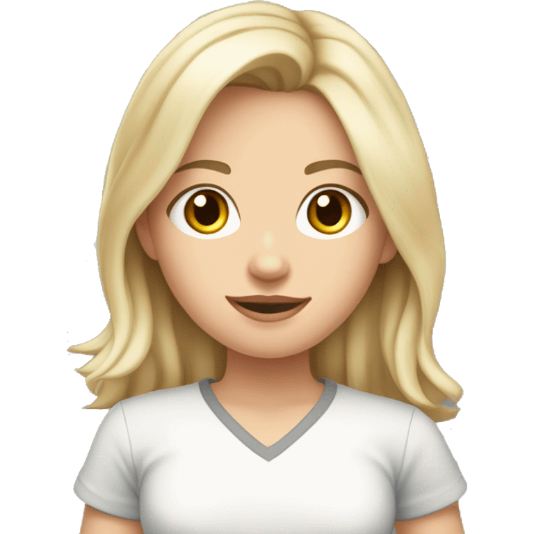 Blonde girl with medium hair length and dark brown eyes white skin wearing a grey shirt with cat pattern pants and medium height  emoji