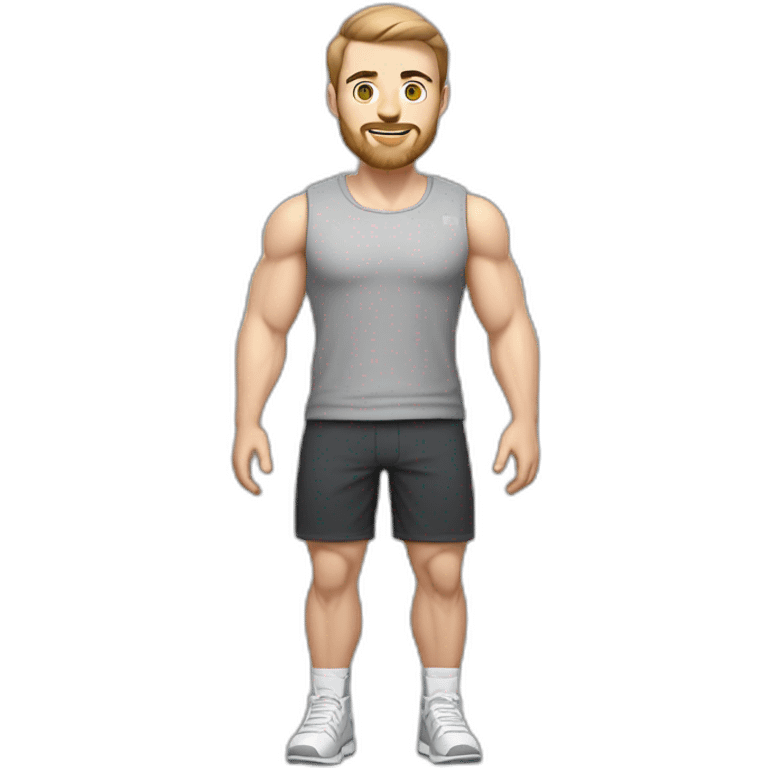 Full height Pale skinned muscular man With Realistic eyes and mouth, light brown hair and stubble In dark gray sleeveless mike, black oversize sports shorts, watch and white sneakers. emoji