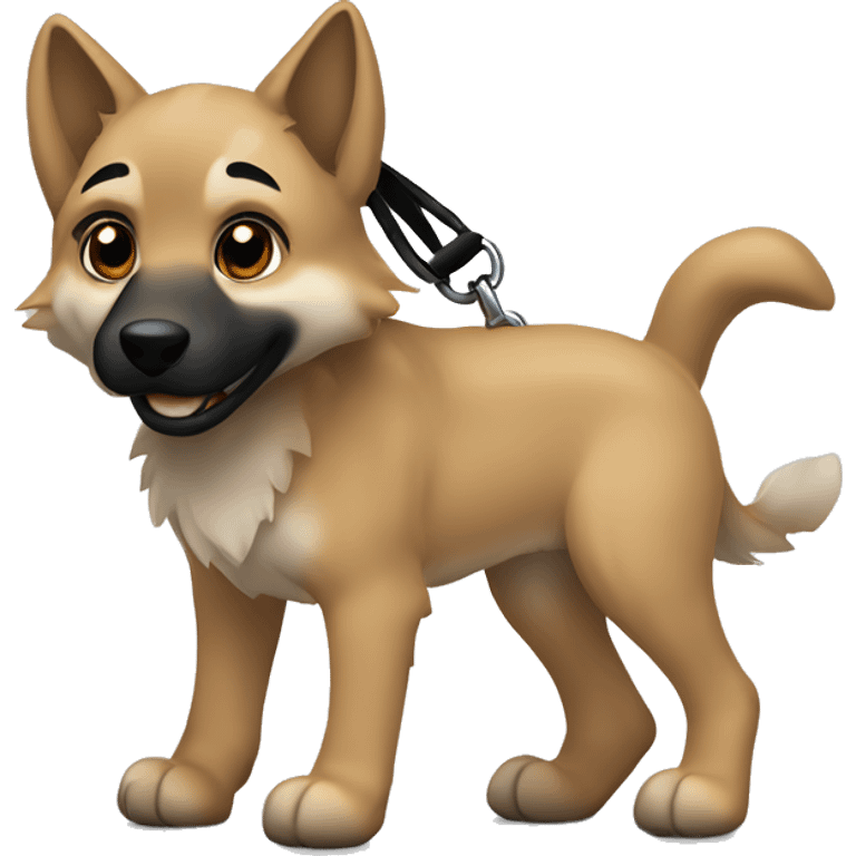 4 short legs a light brown puppy-like wolf with black  ears with black leash  is walking emoji