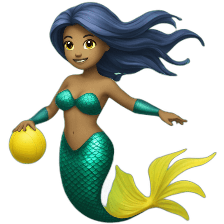 Underwater mermaid swimming with fins, snorkel equipement, holding a small yellow ball, looking strong and fighting emoji