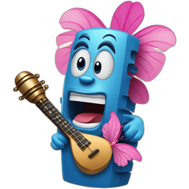 Cartoon Blue and pink tiki singing with butterfly and in the mikrophone emoji