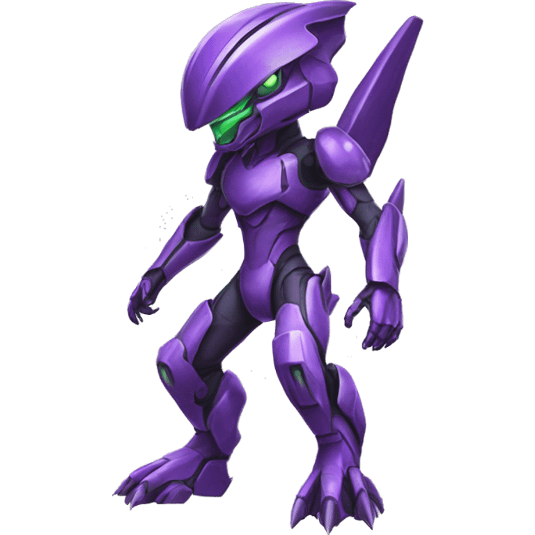 a purple-green Genesect-Raptor-Fakémon—hybrid with a futuristic visor-helmet full body emoji