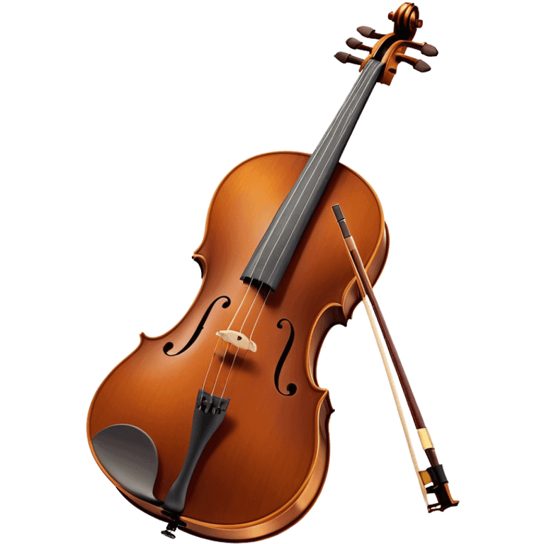 Create an elegant and refined emoji representing the Cremona cello with a Hans Klein HKCB bow. The design should feature the curved wooden body of the cello with a rich, glossy finish, capturing its classical shape and intricate details. The bow should be displayed with fine craftsmanship, highlighting the hair and the smooth, polished wooden stick. Include subtle musical notes floating around the instrument to emphasize its rich, melodic sound. Use deep wood tones like chestnut brown, gold accents for the fittings, and soft lighting effects to give the instrument a timeless, professional feel. The background should be transparent. emoji