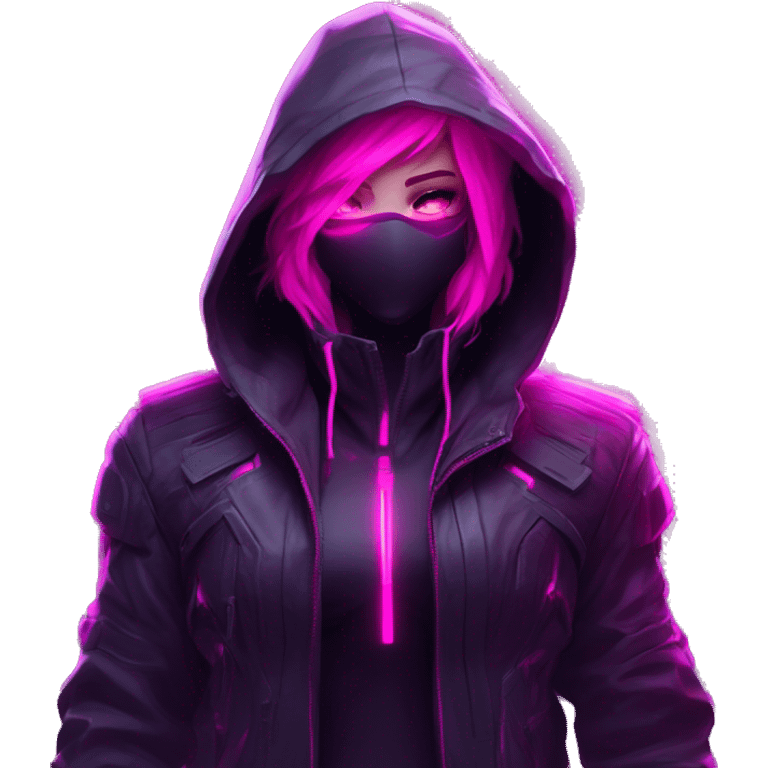 developer behind his laptop with this style : crysis Cyberpunk Valorant neon glowing bright pink girl character dark pink purple black hooded assassin themed character emoji