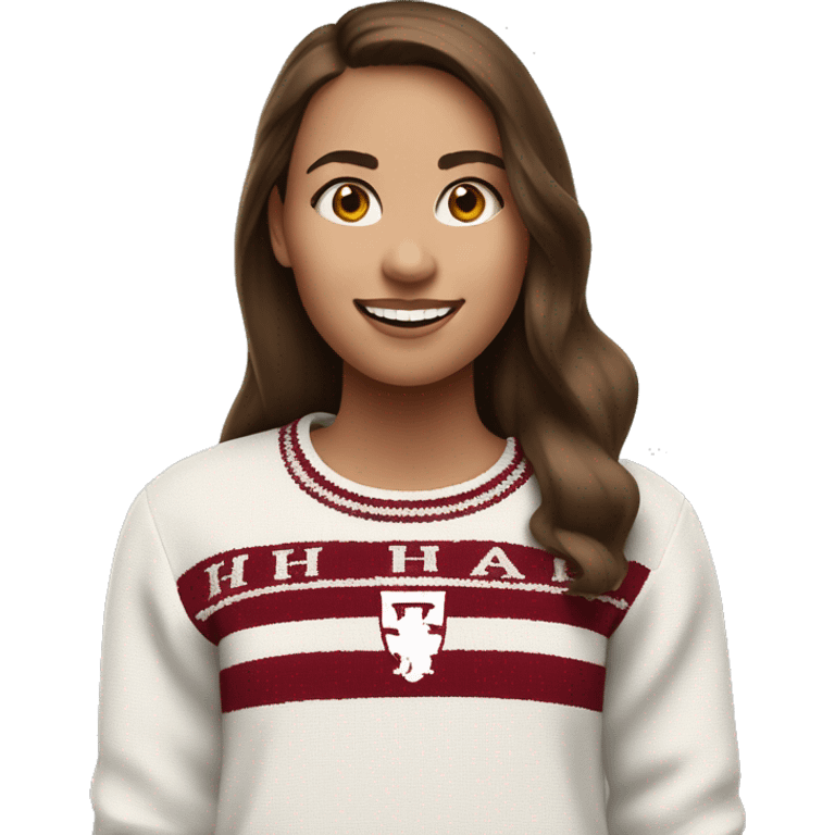 Girl with brown hair and white skin wearing a crimson and white sweater with the black crimson and white Harvard University logo on it  emoji