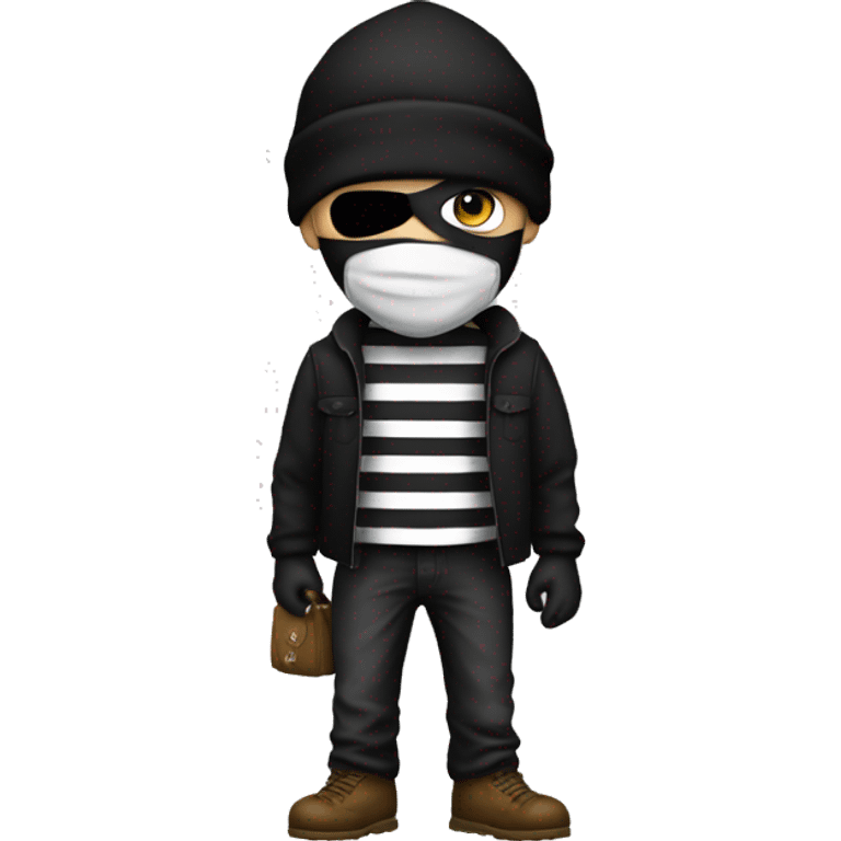 Robber, black and white striped shirt, black mask, moneybag, black beanie emoji