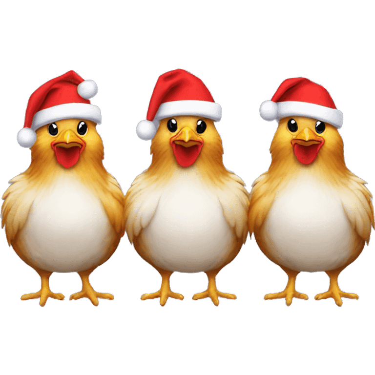 Three multi-coloured chickens wearing Santa hats. emoji