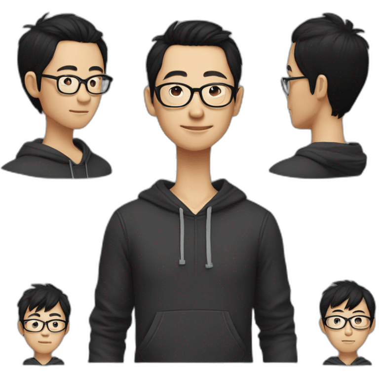 A mature Chinese boy with black hair and circle-shaped eyeglasses wearing black hoodie emoji