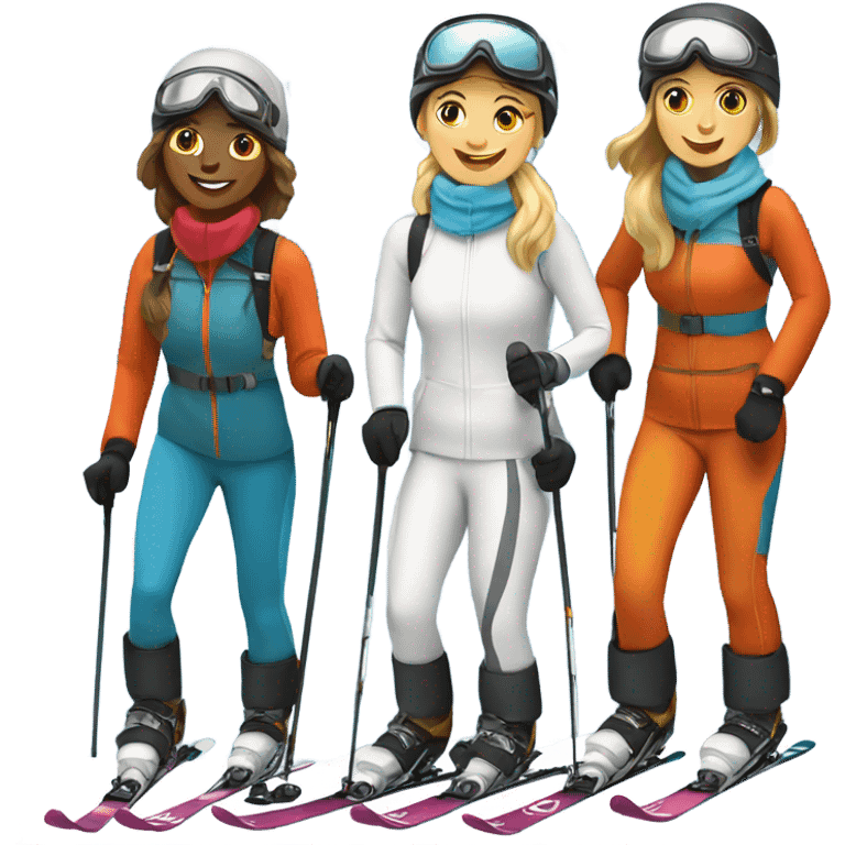 4 women skiing down a mountain. 3 are white 1 is tanned emoji