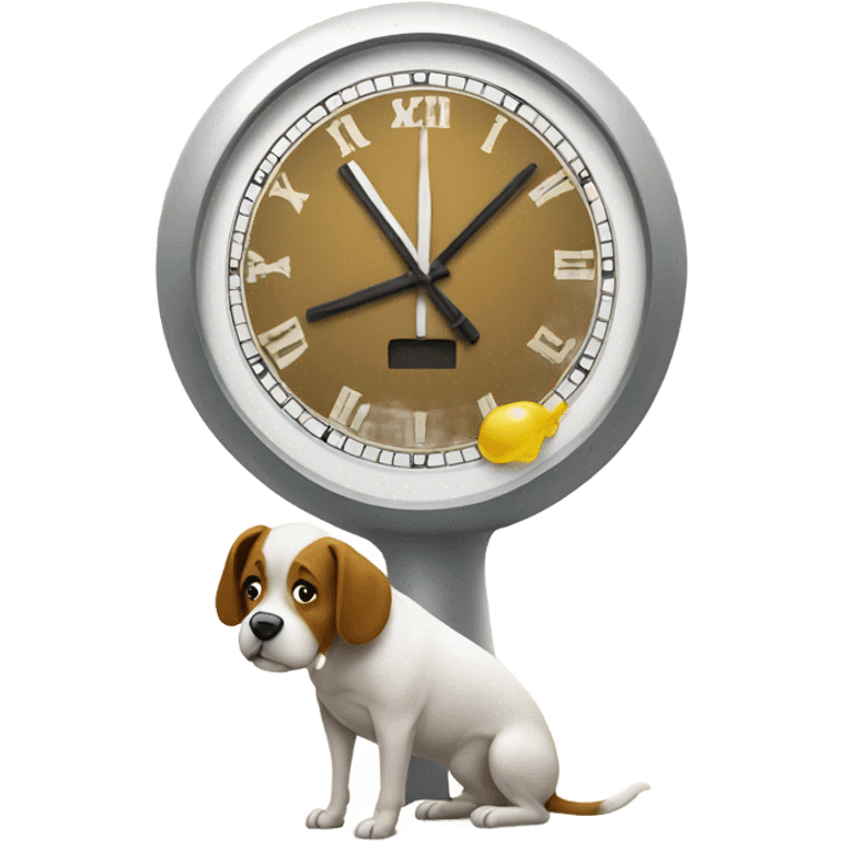 a dog pisses on a big clock emoji