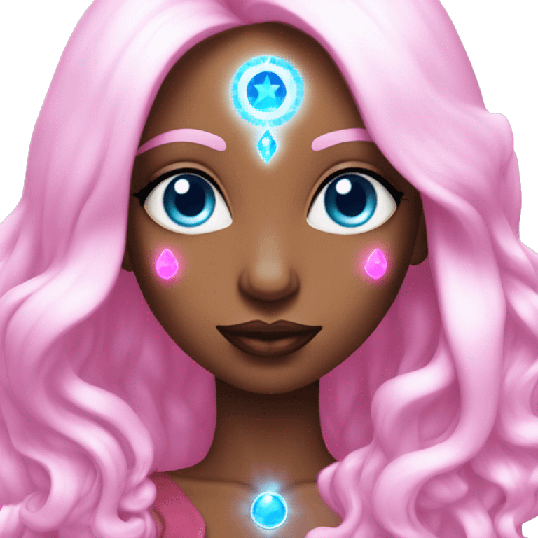 magical diva with pink andromedan skin long hair and blue eyes glowing third eye emoji