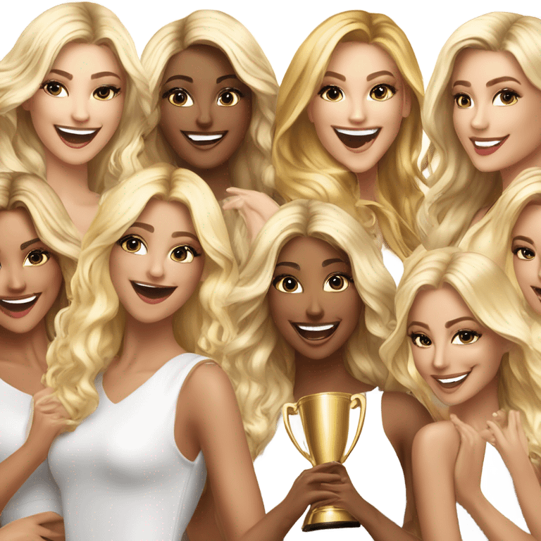 Nine beautiful and stylish blonde and Latina models celebrating with 1 huge gold trophy emoji