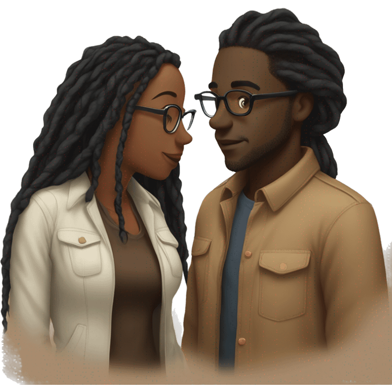 black couple with locs, male darkskin with long black locs, female brown skin with glasses and brown locs tied up kissing emoji