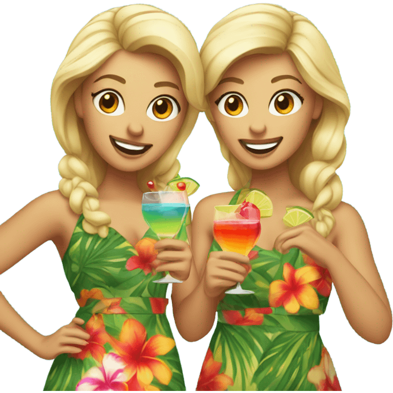 Two dancing blondes in Hawaiian clothes and cocktails emoji