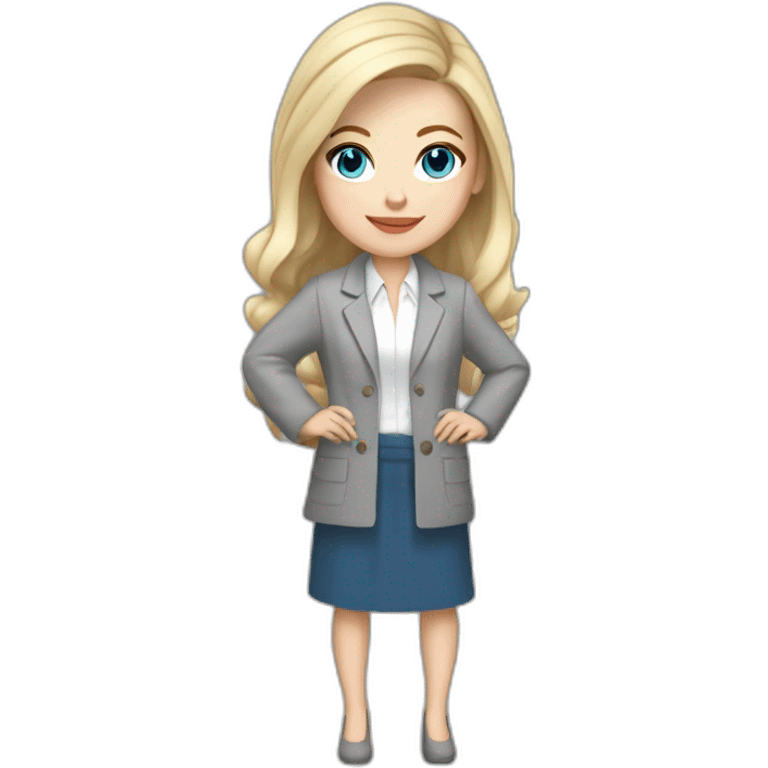 pale skin woman interior designer with cold blonde middle length hair, blue eyes, White blouse, Gray oversize jacket, Gray skirt holding a color palette in the hands emoji