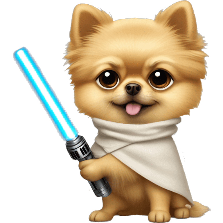 Pomeranian dressed as Luke Skywalker holding a lightsaber emoji