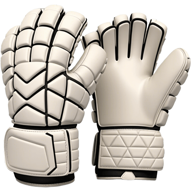 Cinematic Realistic image of goalie gloves showcasing detailed fabric textures and intricate grip patterns, rendered against a blurred goal backdrop with focused, high-contrast lighting that accentuates their essential design emoji