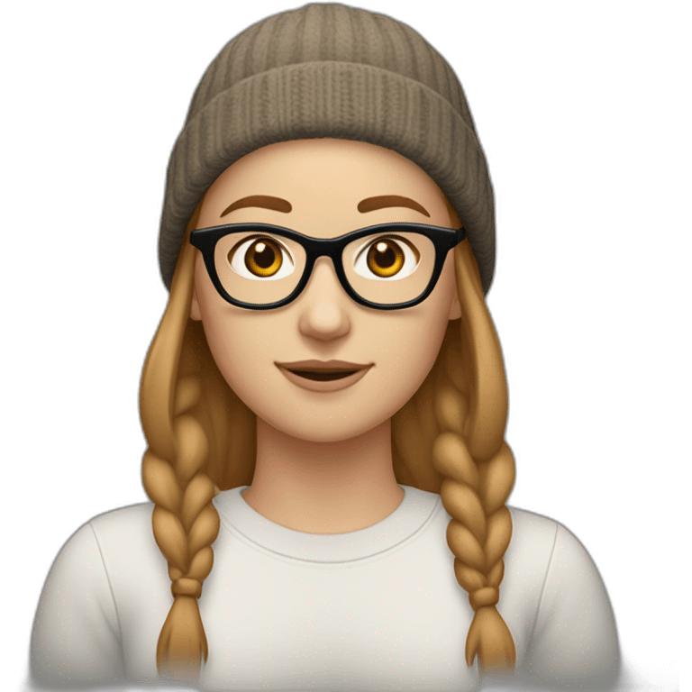 30 year old white woman short straight light brown hair with a beanie on her heard and glasses emoji