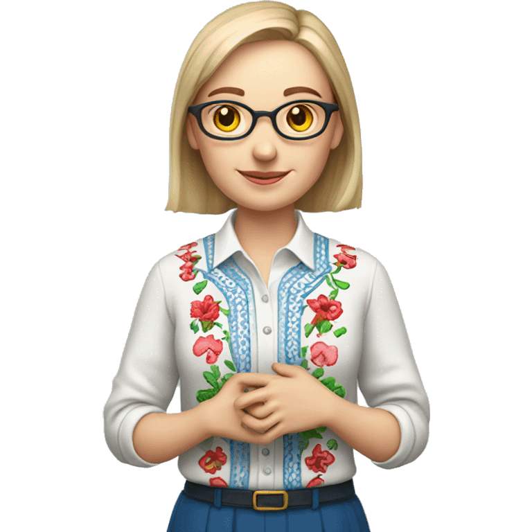 A Ukrainian teacher in an embroidered shirt holds a heart in her hands emoji