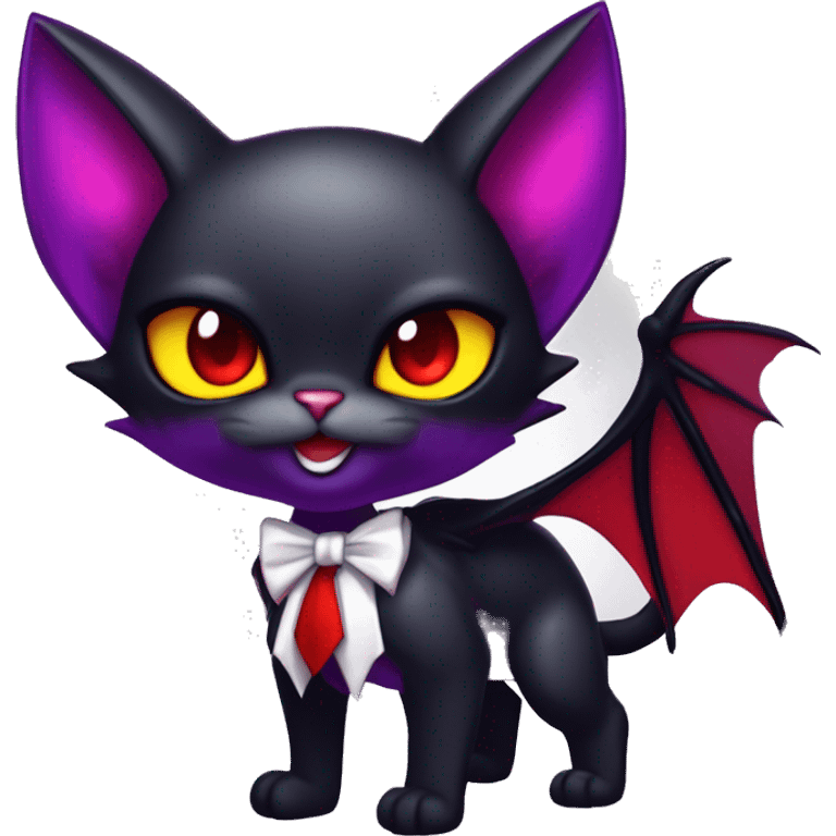 Cute-Evil-Vampiric-Batty-Cat-Black-Purple-Red-Yellow-Contrast-Colors-Fantasy-Fur-Sona-Chibi-Shiny-Fakémon-Hybrid with horns and big fangs neck bow white tie leg spats full body emoji