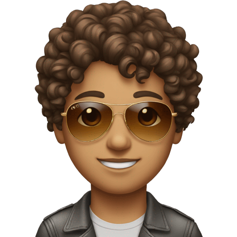 Young adult with button nose curly brown hair and aviator sunglasses emoji