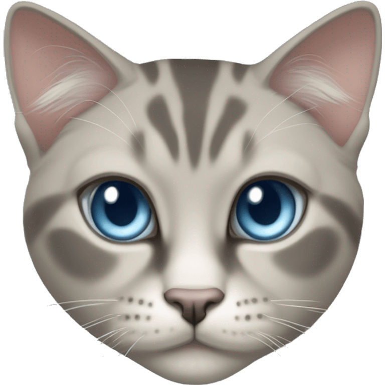 Thai breed cat with a warm cream body, dark gray face, ears, and paws. Short fur, sharp ears, and striking light blue eyes with an intense gaze. emoji