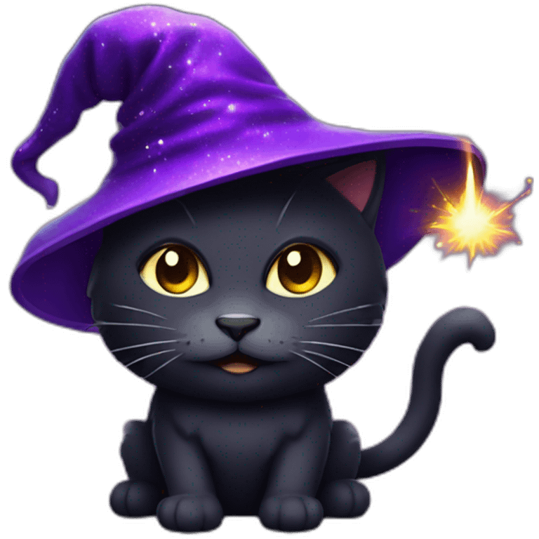 a dark cat with a purple wizard hat with sparks emoji