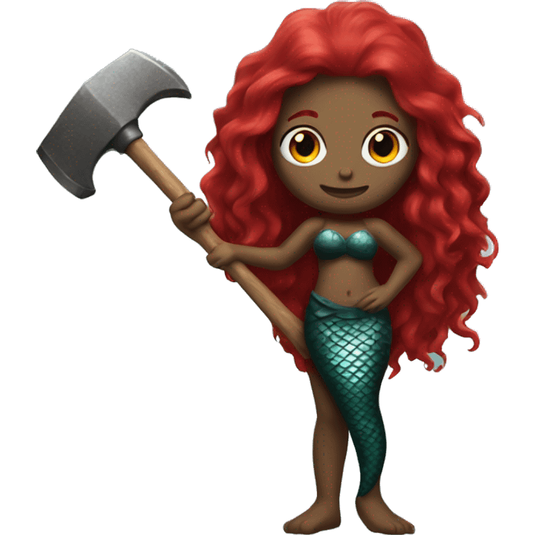 black mermaid with red hair holding hammer emoji