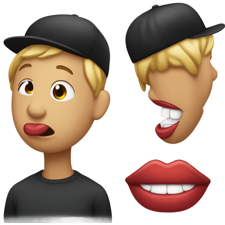 lip biting emoji with hat backwards emoji