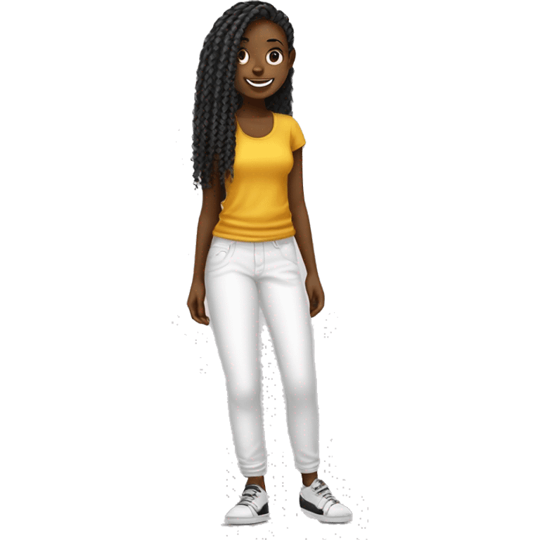 une fille africaine les cheveux tressés portan un tshirt blanc un pantalon noir des baskets blanches et souriante. emoji