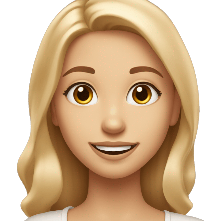 girl, heart-shaped face with high cheekbones and slightly pointed chin, almond-shaped eyes of light brown color, framed by long natural lashes. 
Eyebrows arched, medium thick, long light blonde hair, wide smile, showing teeth, joyful and expressive face emoji