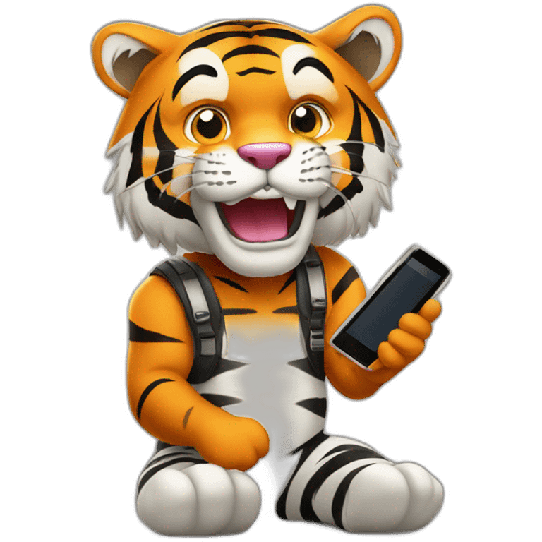 mascot of tiger while promoting with cell phone emoji