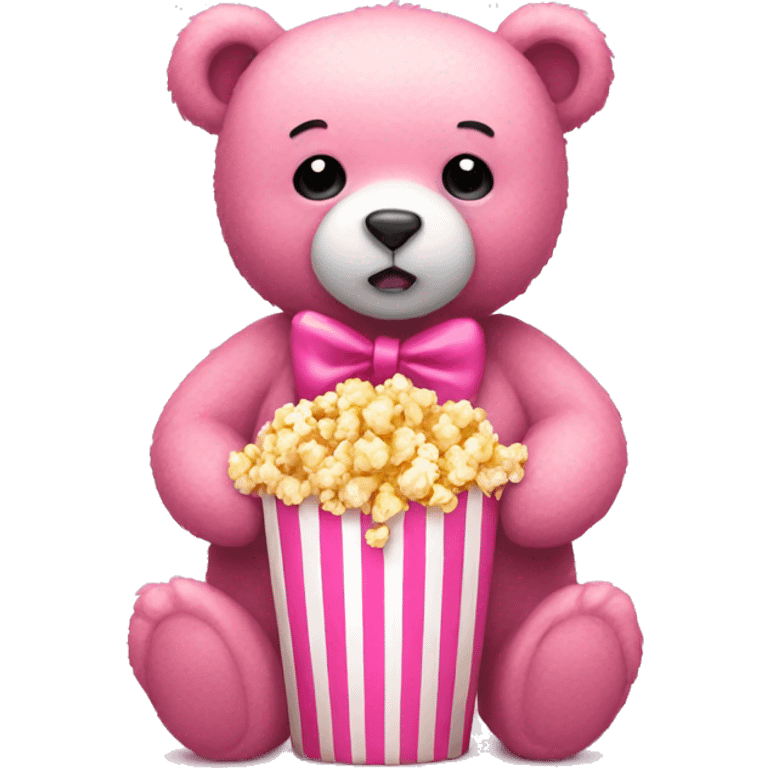 Pink bear with a bow with popcorn emoji