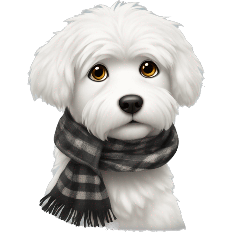 white fluffy dog with black spot on eye and a scarf  emoji