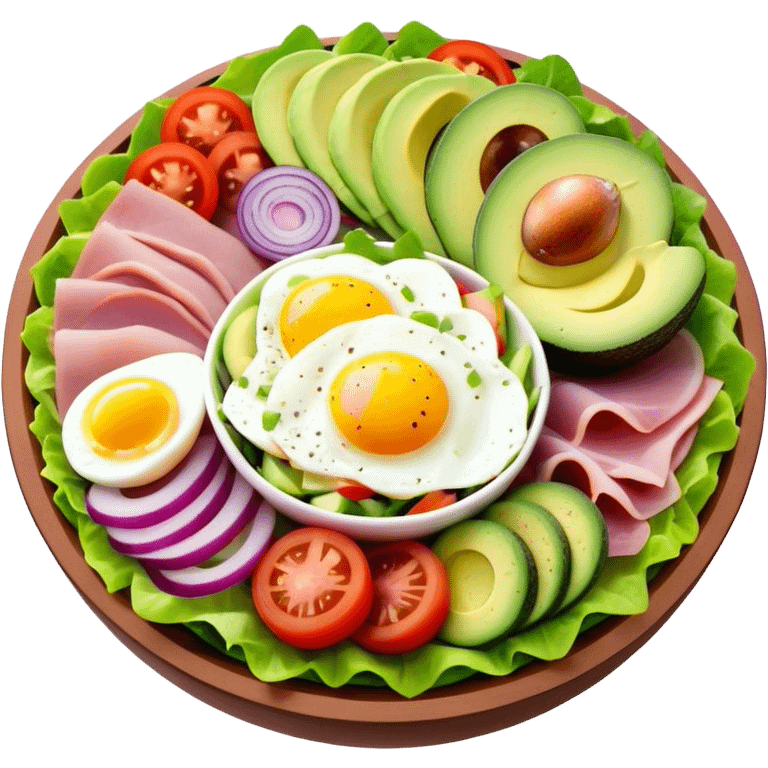 A chef salad with meat, cheese, egg, tomato, ham, avocado, cucumbers, purple, onions, and bell pepper emoji