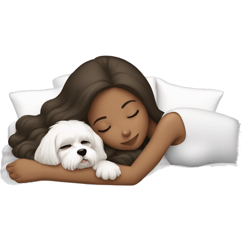 brunette woman sleeping with white maltese emoji