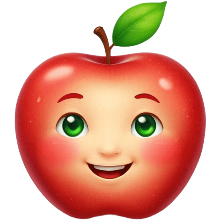 Cute Kawaii Apple, round and plump, bright shiny red with a tiny green leaf, chubby cheeks, sparkling eyes, a happy smile, soft glowing highlights, radiating fresh sweetness! emoji