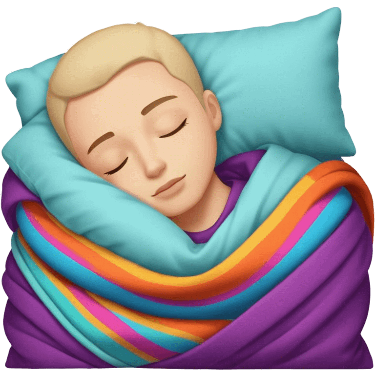 A sleeping person with a colorful pillow and cozy blanket emoji