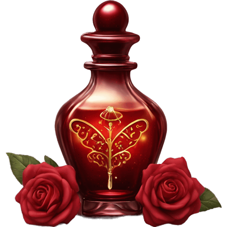 Dark red magic fairy light sparkling old Antique oil perfume bottle with herbal and rose flowers emoji