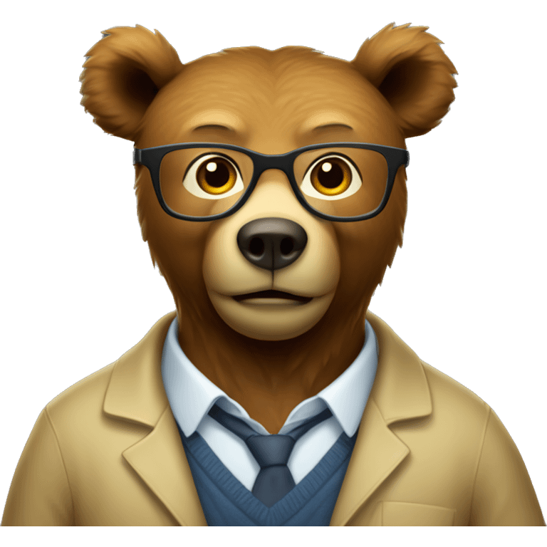 Brown bear animal as a university professor, wearing clear yellow plastic thick-rimmed glasses emoji