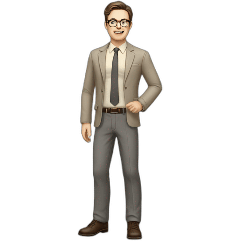 Full height Actively Gesturing Pale skinned fit man with dark brown hair in gray jacket, beige office shirt, brown tie, brown pants and vintage glasses. emoji